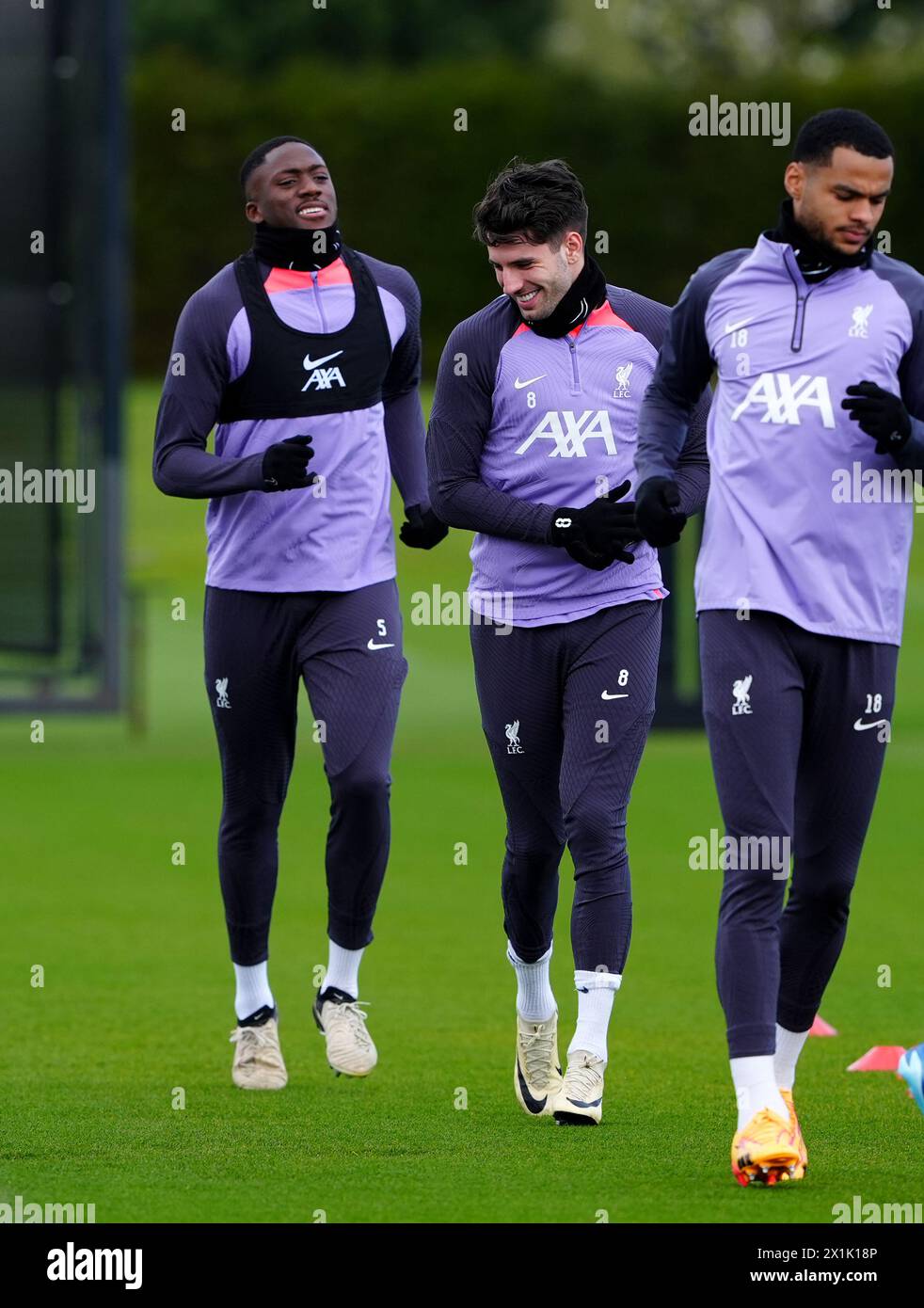 Left to right, Liverpool's Ibrahima Konate, Dominik Szoboszlai and Cody Gakpo during a training session at the AXA Training Centre, Liverpool. Picture date: Wednesday April 17, 2024. Stock Photo