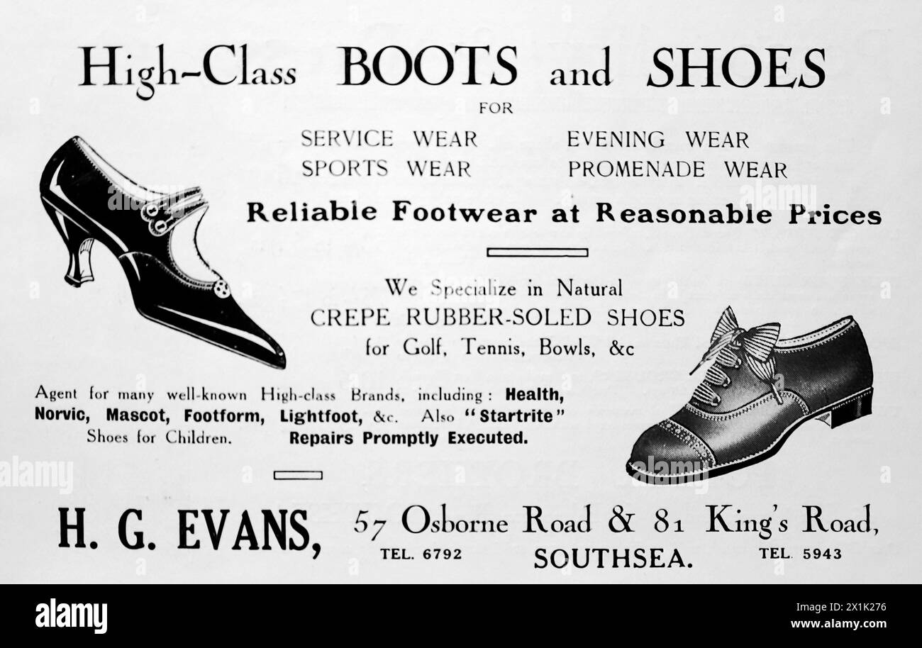 Advertisement for H.G. Evans of Osborne Road and King’s Road, Southsea. High Class Boots and Shoes including Health, Norvic, Mascot, Footform, Lightfoot and Startrite Children’s Shoes. Pictured are typical examples of 1920s footwear. Originally printed and published for the Portsmouth and Southsea Improvement Association, c1924. Stock Photo