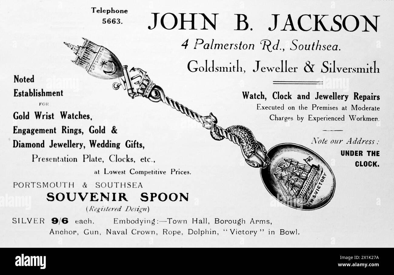 Advertisement for John B. Jackson of Palmerston Road, Southsea. Goldsmith, Jeweller and silversmith. Pictured is a souvenir silver spoon of Portsmouth and Southsea. Originally printed and published for the Portsmouth and Southsea Improvement Association, c1924. Stock Photo
