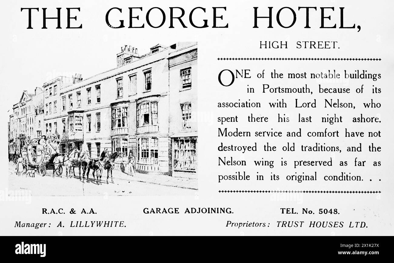 Advertisement for The George Hotel of The High Street, Portsmouth, which was owned at the time by Trust Houses Ltd. Illustration shows the beautiful building in Victorian times with a horse and carriage outside. Originally printed and published for the Portsmouth and Southsea Improvement Association, c1924. Stock Photo
