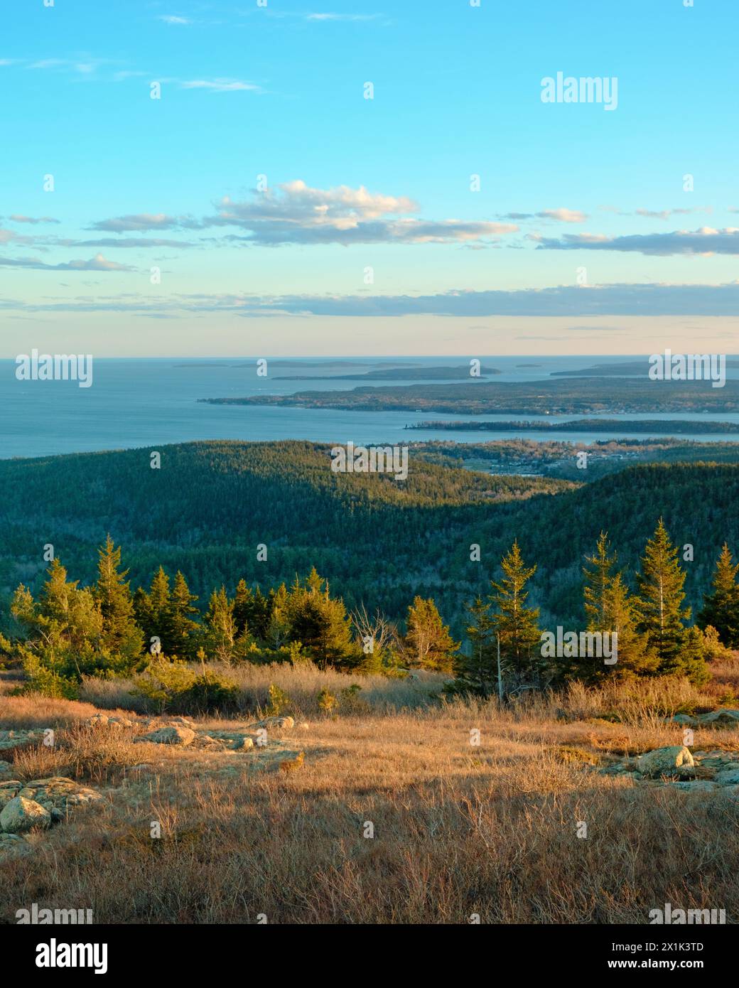 Sunset view from Penobscot Mountain in Acadia National Park on Mount Desert Island, Maine Stock Photo