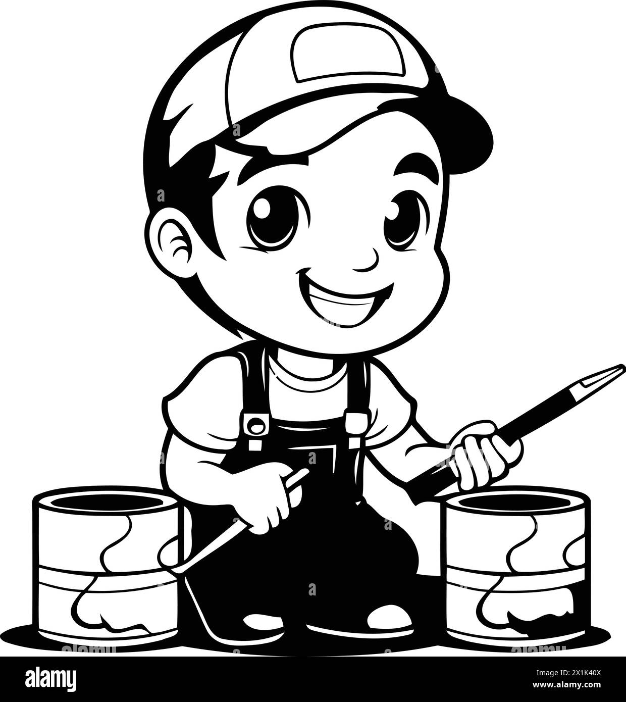 Cute little painter boy with paint bucket and brush. Vector ...