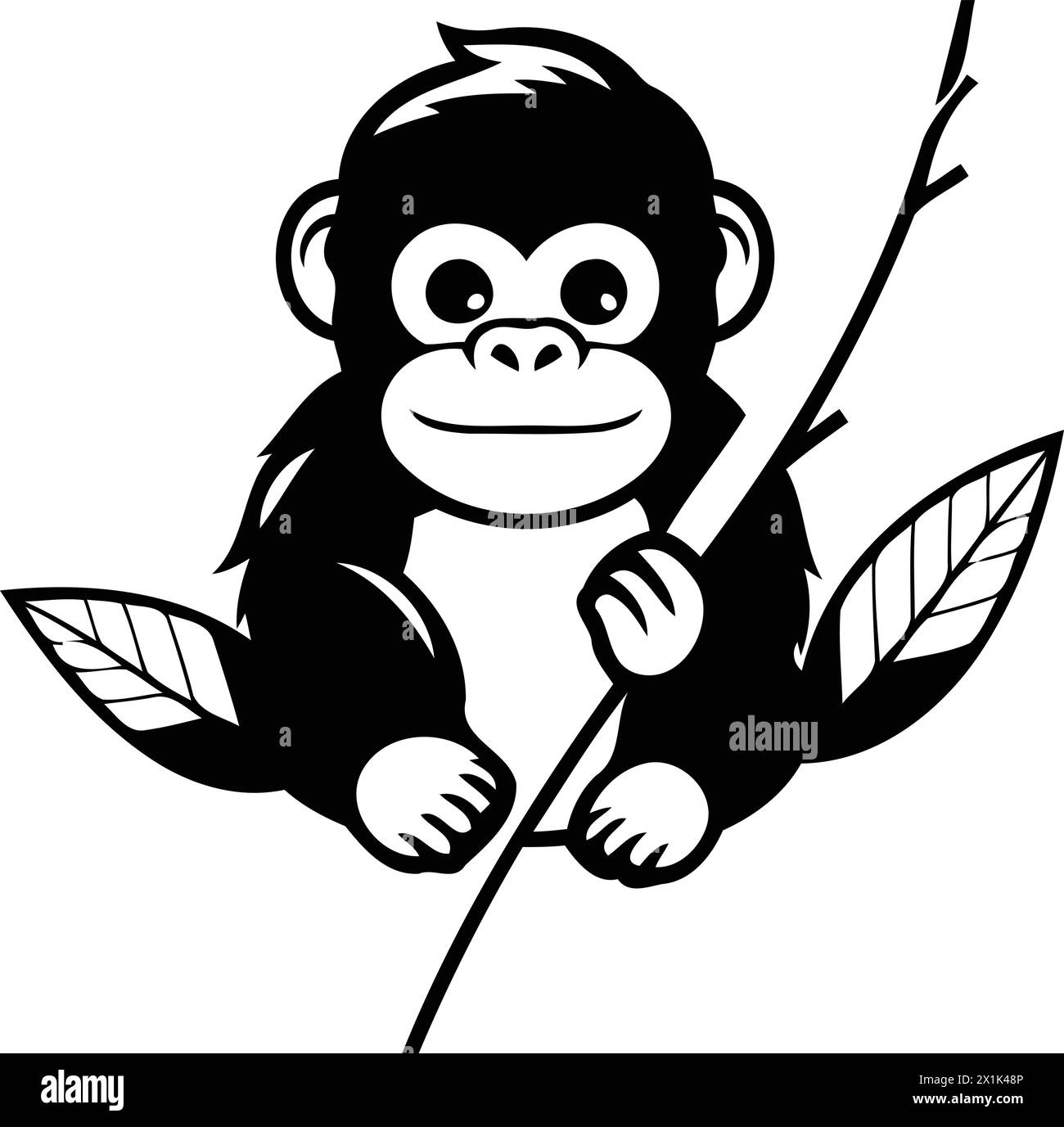 Monkey holding a branch with leaves. Vector illustration in cartoon