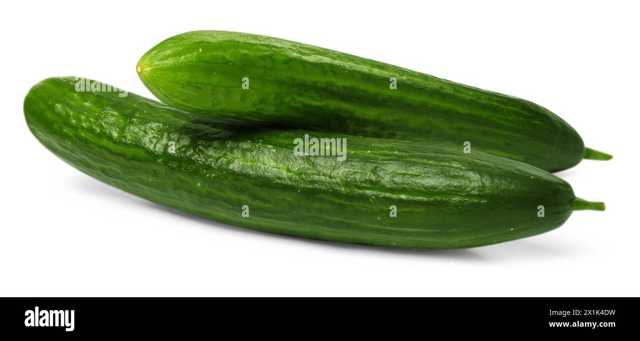 Two long fresh cucumbers isolated on white Stock Photo