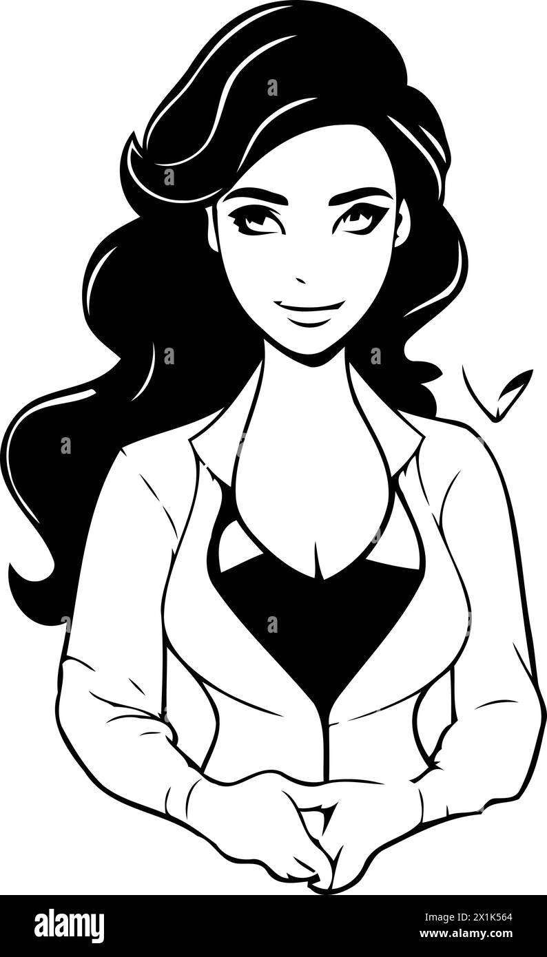 Beautiful young woman in a white coat. Vector illustration in cartoon