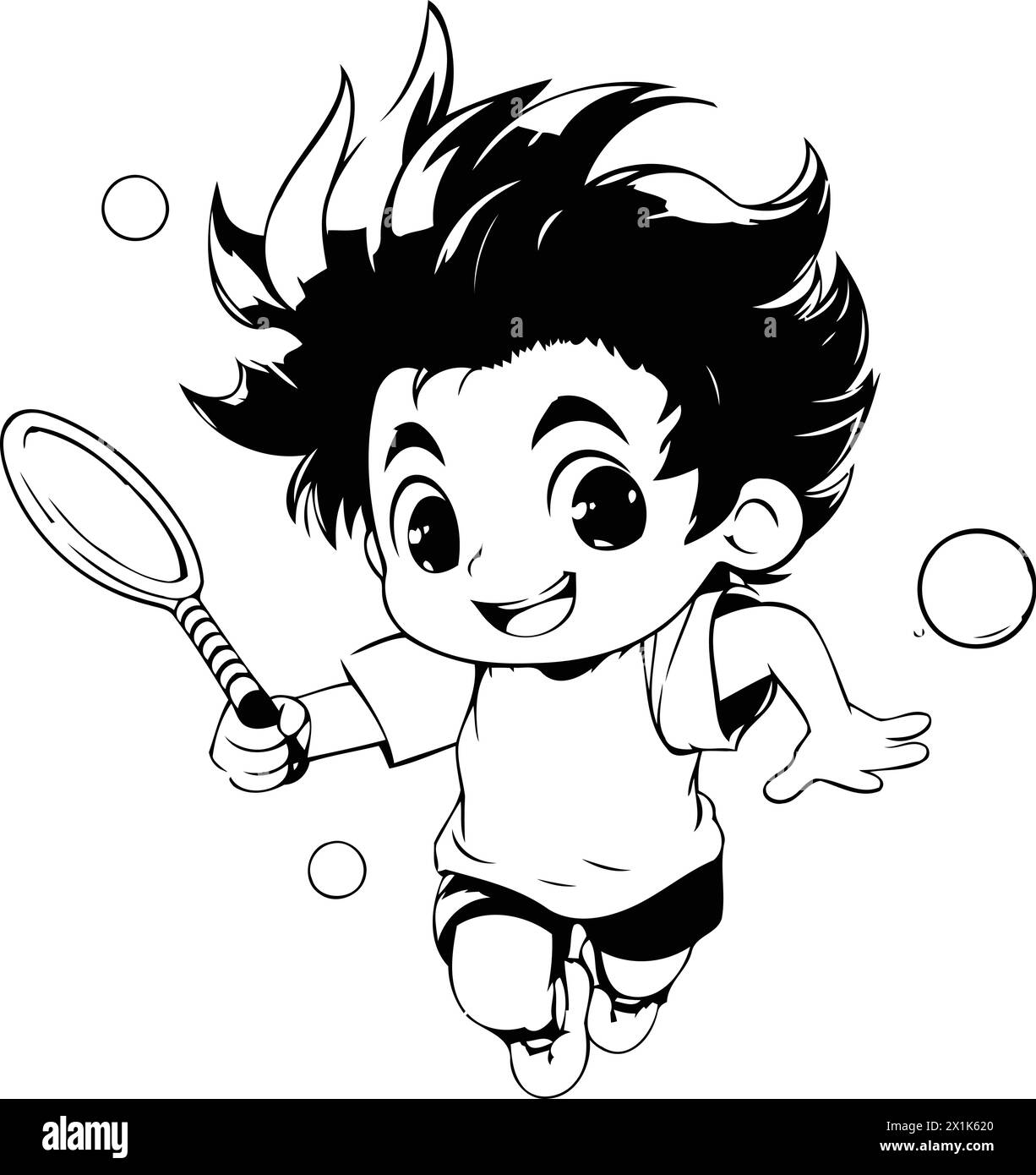 Cartoon boy playing tennis with racket and ball. Vector illustration