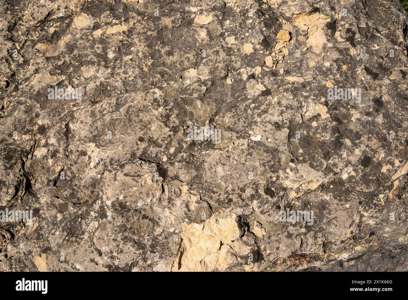 Texture of big rough limestone, with stone chippings lying on it, and ...