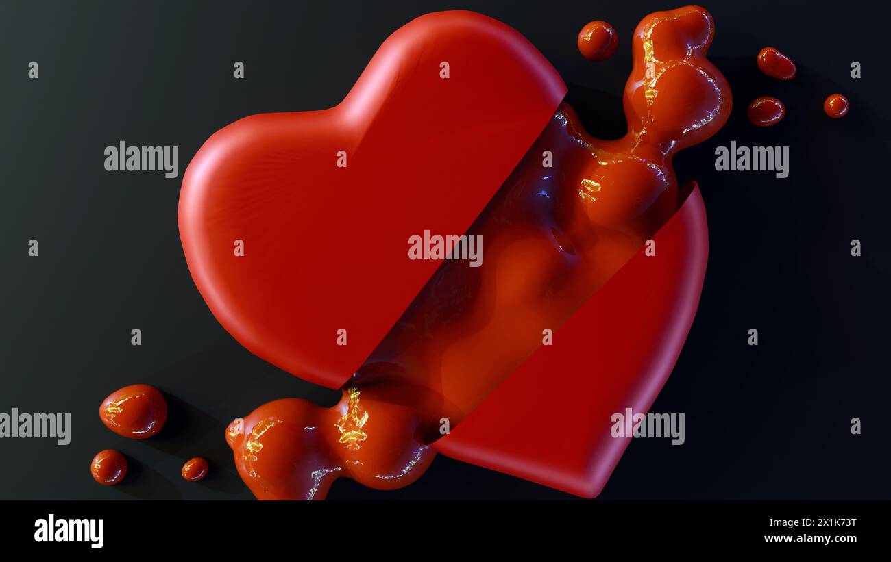 3d rendering of a red heart with a ragged tear or cut in the middle. Blood is dripping out of the wound Stock Photo