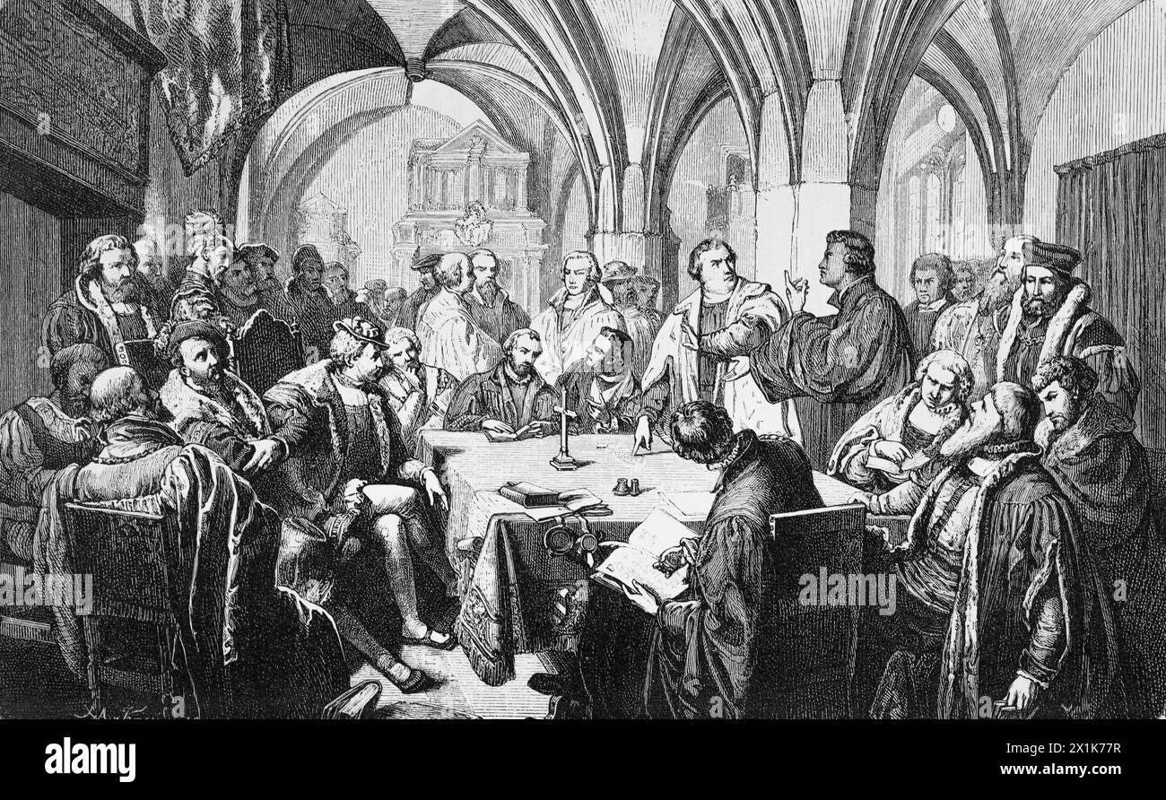 Religious dispute about the sacrament in Marburg between Zwingli, Luther, the Count of Hesse and others, historic illustration 1880 Stock Photo
