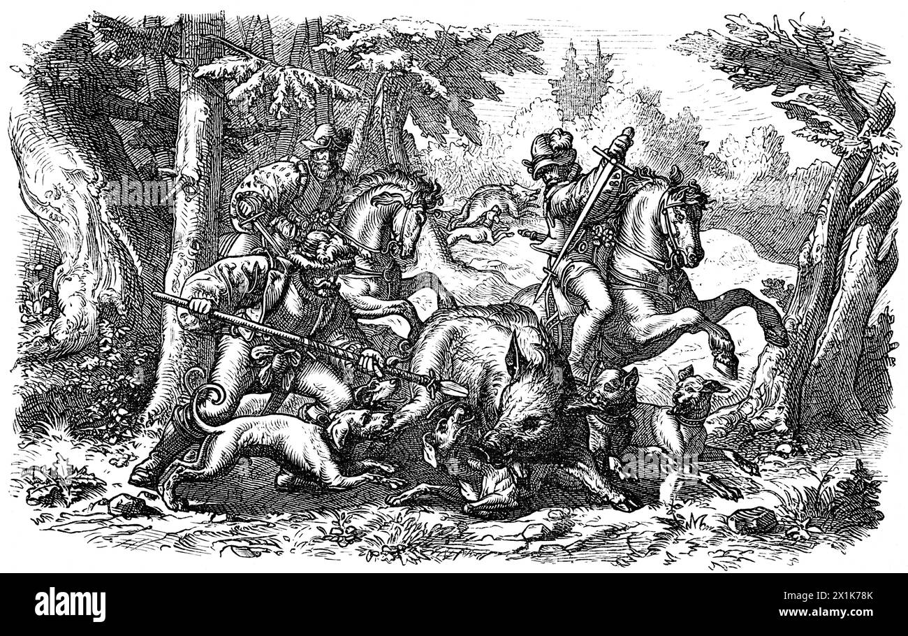 Boar hunt at times of  Joachim II, Prince-elector of the Margraviate of Brandenburg, 16th century, historic illustration 1880 Stock Photo