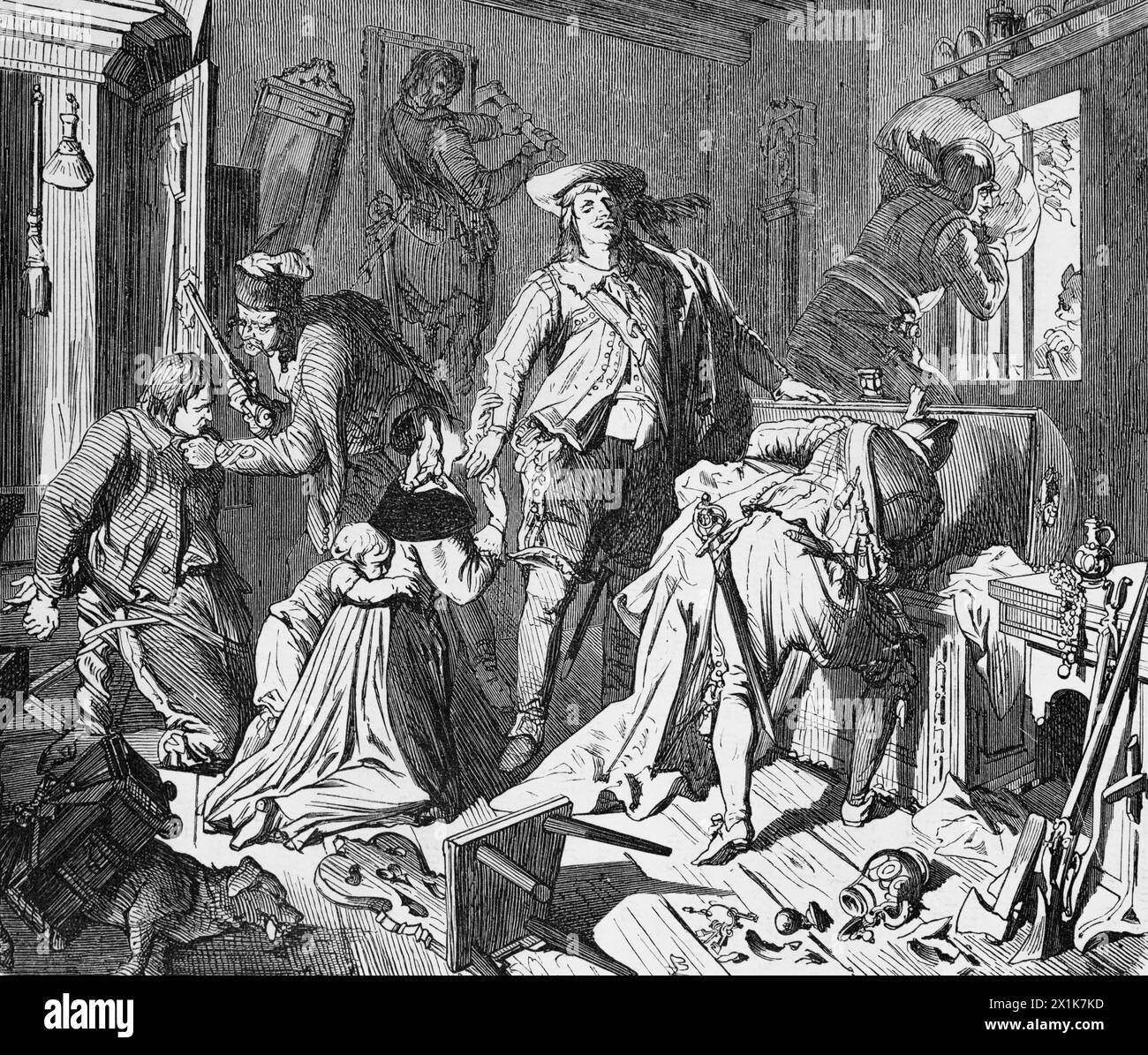 Royal troops looting a private home in Brandenburg in the 17th century, historic illustration 1880 Stock Photo