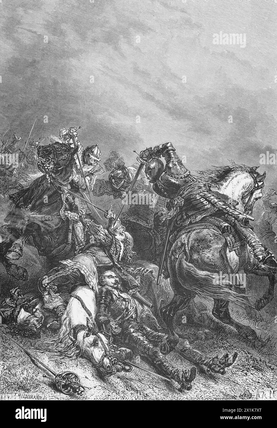 The Swedish King Gustav Adolf dying in the Battle of Lützen in 1632, historic illustration 1880 Stock Photo