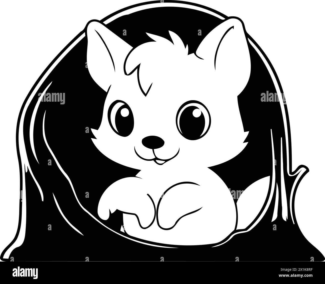 Cute fox sitting in a hole in a tree. Vector illustration Stock Vector