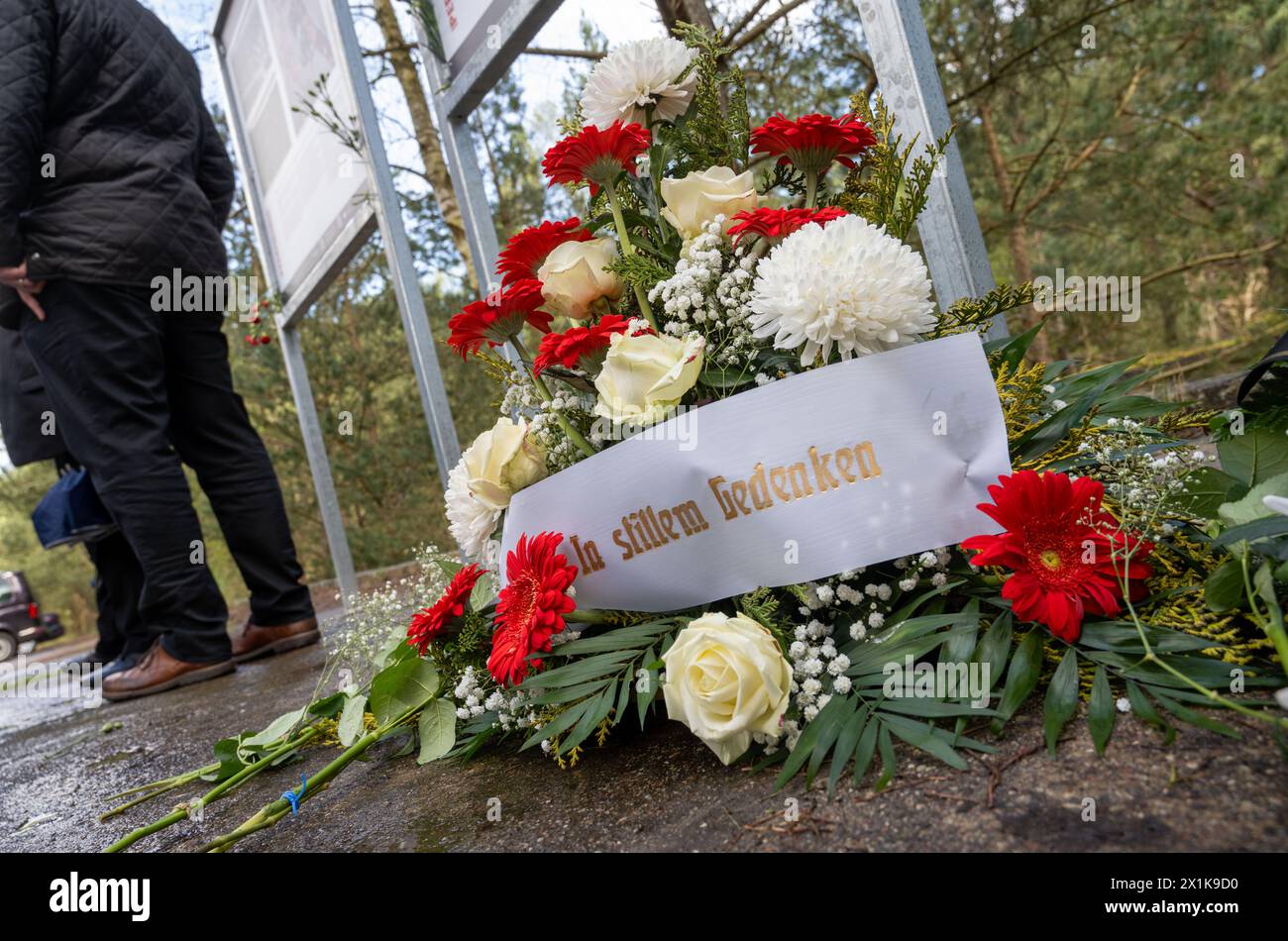 17 April 2024, Mecklenburg-Western Pomerania, Peenemünde: Flowers can be seen at the opening of a new memorial to the prisoners of the former concentration camp 'Karlshagen II' on the site of the former Peenemünde military testing facility. On the island of Usedom, the National Socialists had carried out research and production for the world's first cruise missiles and the first functioning large rocket in Peenemünde with the so-called army testing facility. Concentration camp prisoners were also used as forced laborers. Photo: Stefan Sauer/dpa Stock Photo