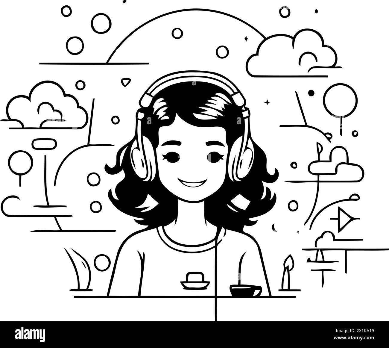 Girl listening to music in headphones. Modern flat style vector illustration. Stock Vector