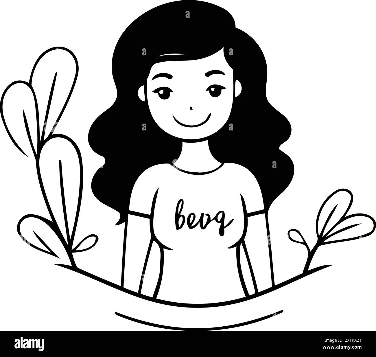 Beautiful girl with long curly hair and green plants. Vector