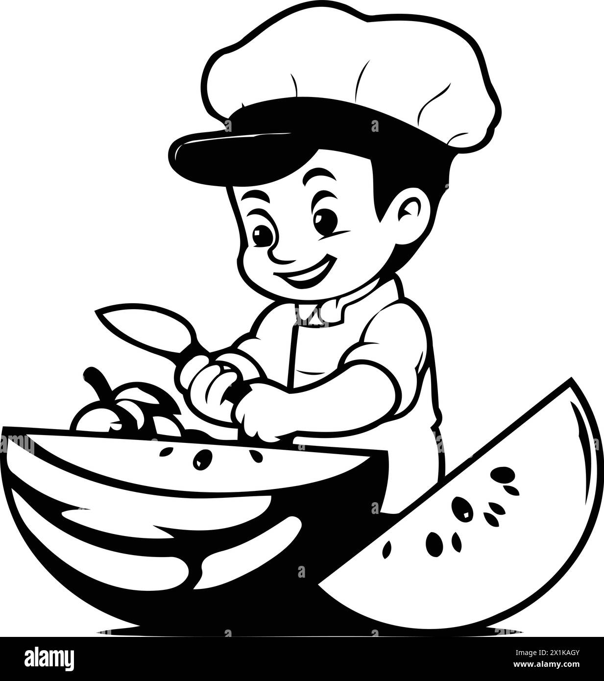 Little boy in chef hat and apron eating watermelon. Vector illustration