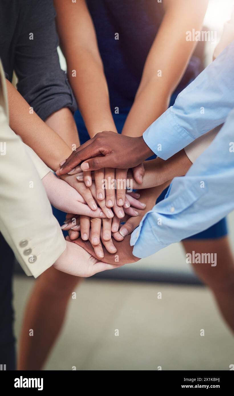 Business people, hands and stack in huddle for teamwork, unity and ...