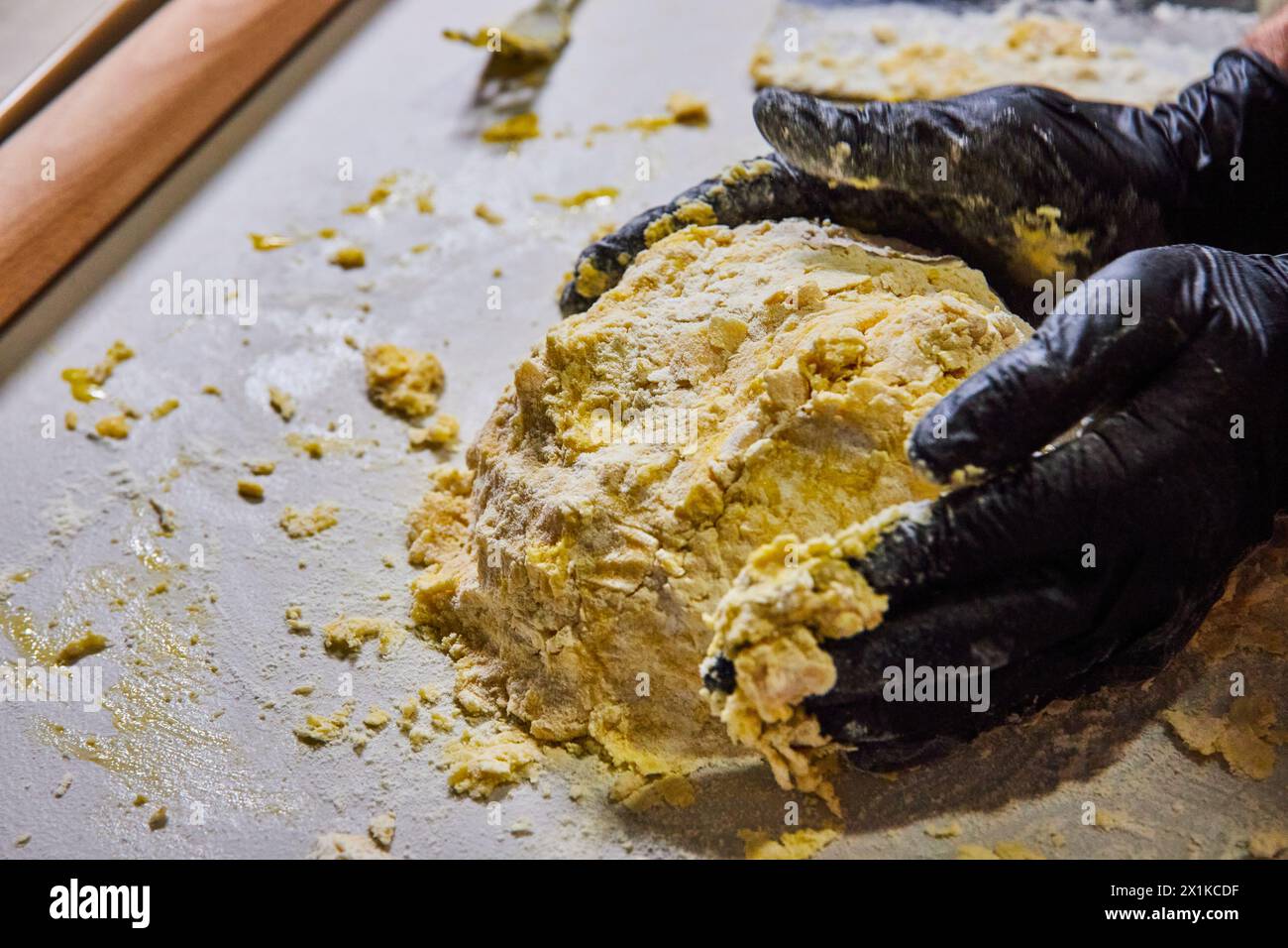 Professional Kneading of Homemade Pasta Dough, Eye-Level View Stock Photo
