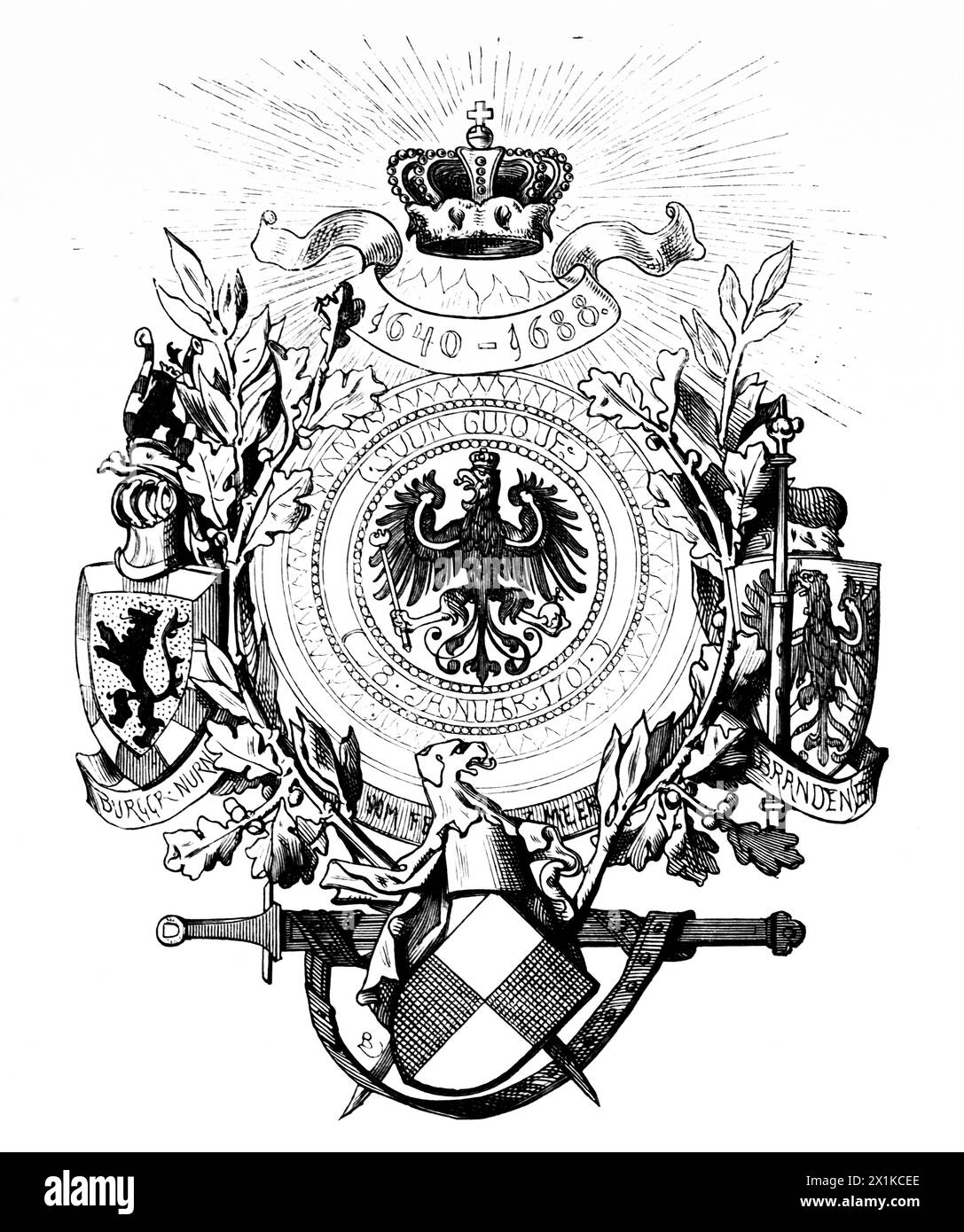 Emblemand motto 'Suum quique'  of Friedrich Wilhelm, The Great Elector, of Brandenburg, historic illustration 1880 Stock Photo