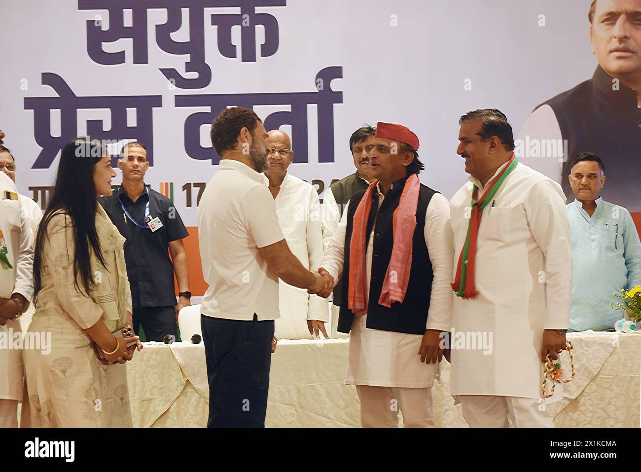 Gaziabad, India. 17th Apr, 2024. Congress leader Rahul Gandhi shake hands with Samajwadi Party leader Akhilesh Yadav after a joint press conference addressed by the two INDIA coalition partners at Gaziababad in Uttar Pradesh. (Photo by Sondeep Shankar/Pacific Press) Credit: Pacific Press Media Production Corp./Alamy Live News Stock Photo