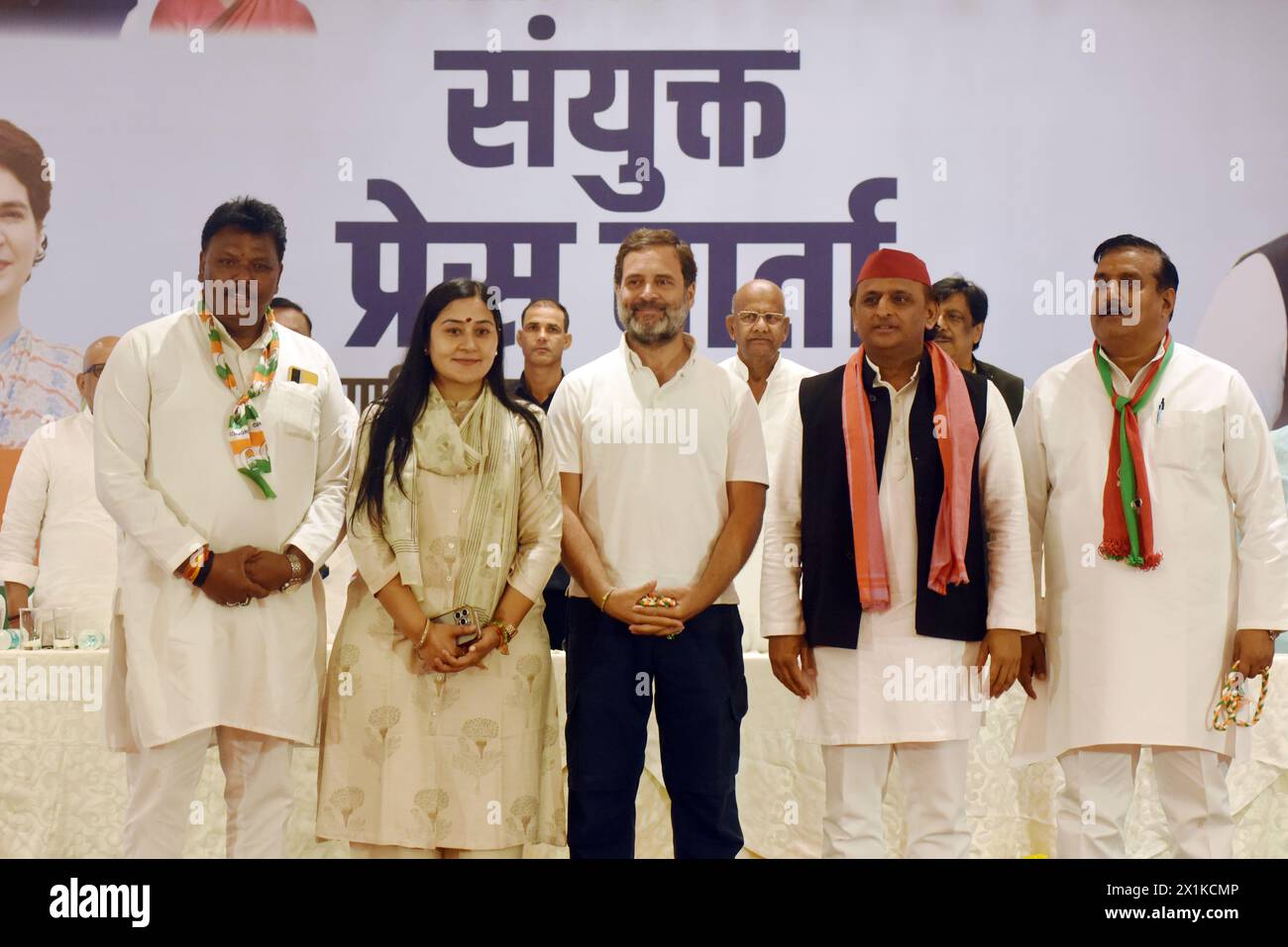 Gaziabad, India. 17th Apr, 2024. Congress leader Rahul Gandhi and Samajwadi party leader Akhilesh Yadav stands with their party candidate from the region after addressing a joint press conference at Gaziababad in Uttar Pradesh. (Photo by Sondeep Shankar/Pacific Press) Credit: Pacific Press Media Production Corp./Alamy Live News Stock Photo