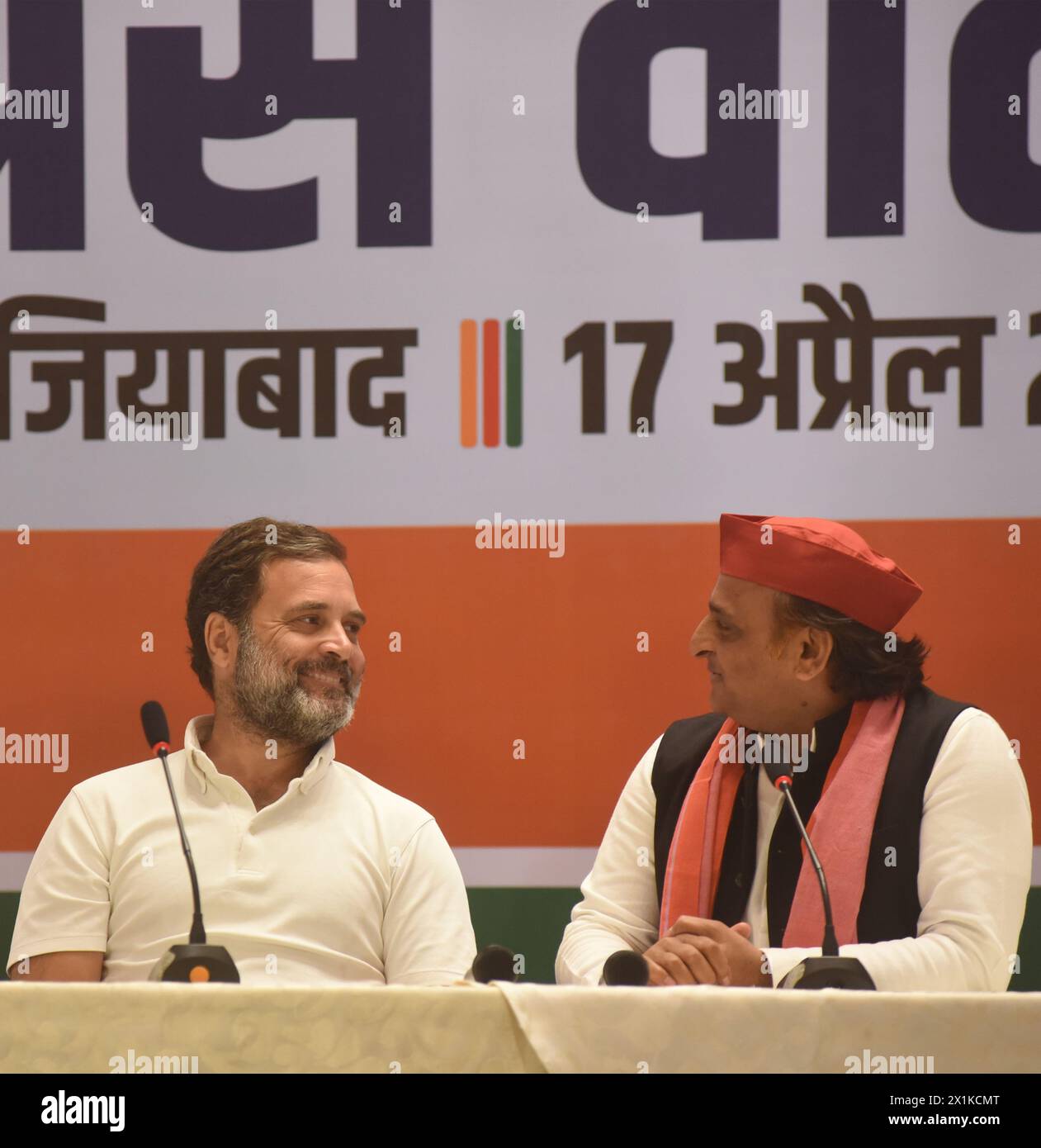 Gaziabad, India. 17th Apr, 2024. Congress leader Rahul Gandhi speaks as Samajwadi Party leader Akhilesh Yadav listens as the two INDIA coalition partners came together for a joint press conference at Gaziababad in Uttar Pradesh. (Photo by Sondeep Shankar/Pacific Press) Credit: Pacific Press Media Production Corp./Alamy Live News Stock Photo