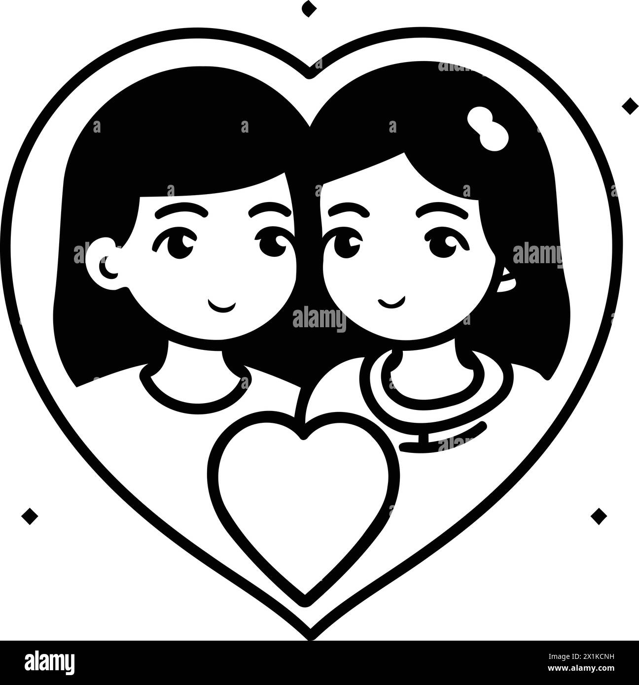 Cute girl and boy in heart shape. Vector line illustration Stock Vector ...