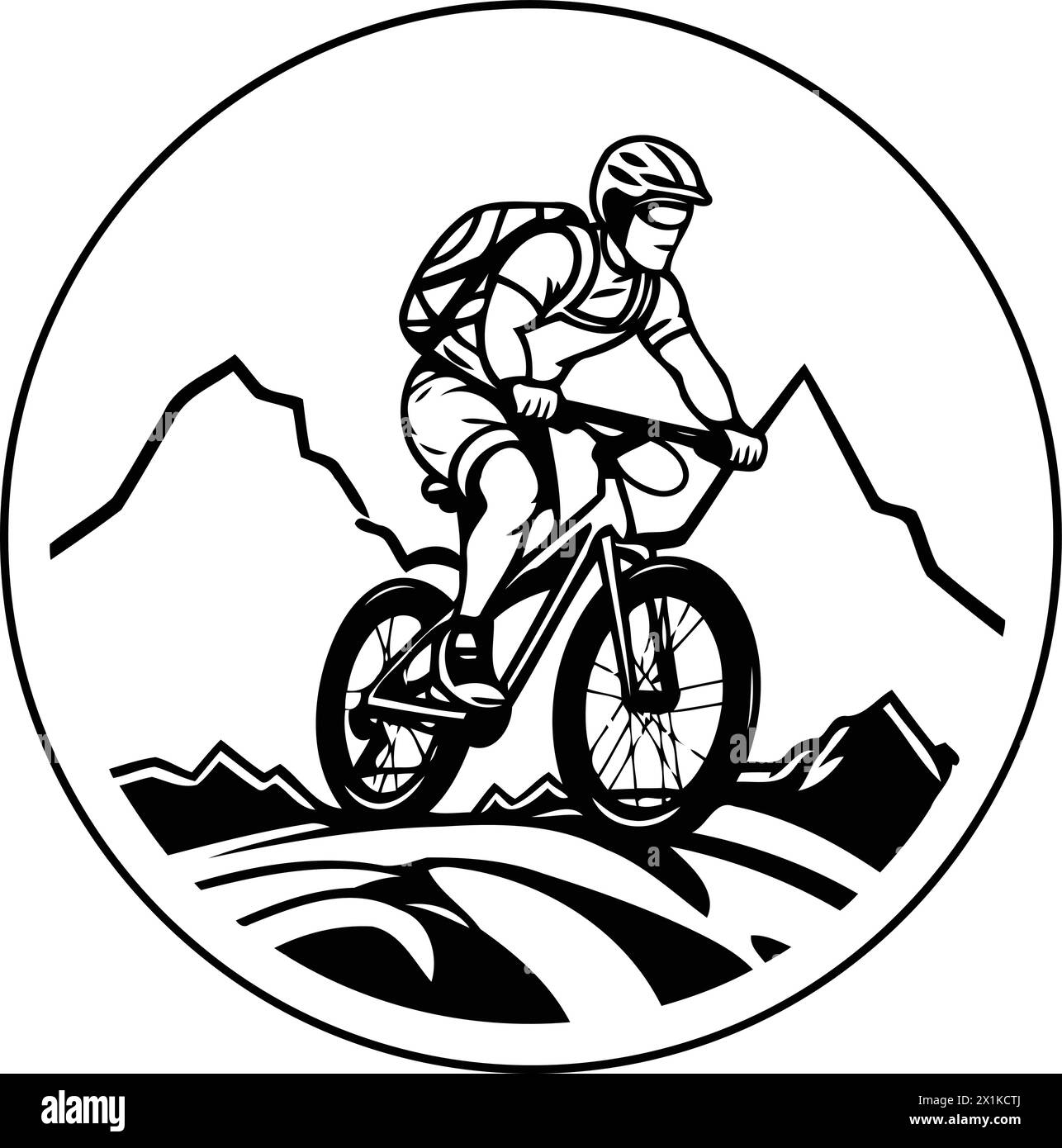 Mountain biker riding mountain bike on high mountain range round icon vector illustration Stock Vector