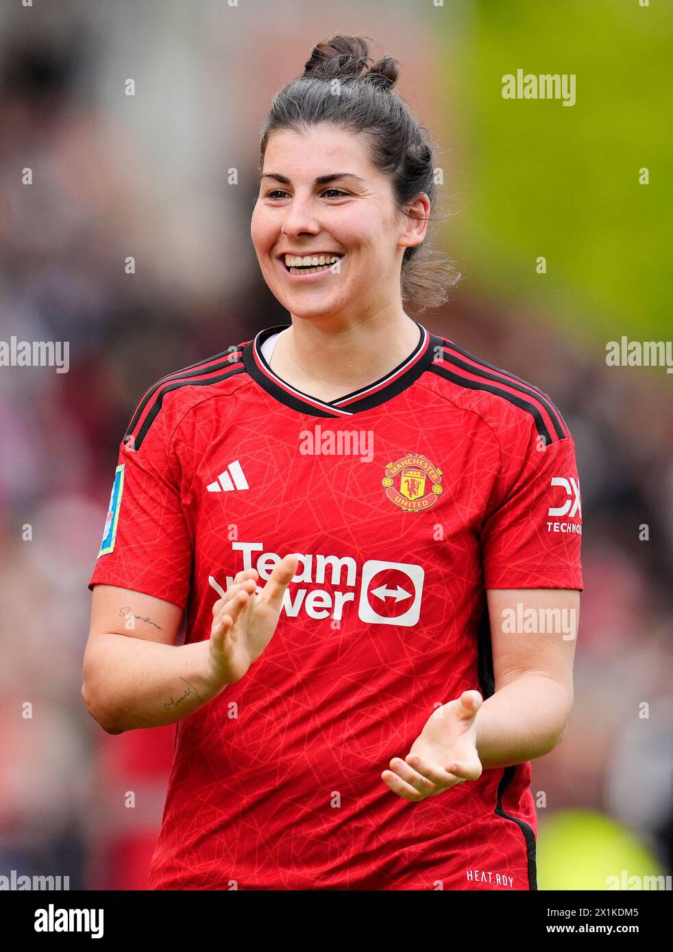 Manchester United's Melvine Malard celebrate following the Adobe Women's FA Cup semi-final match at Leigh Sports Village. Picture date: Sunday April 14, 2024. Stock Photo
