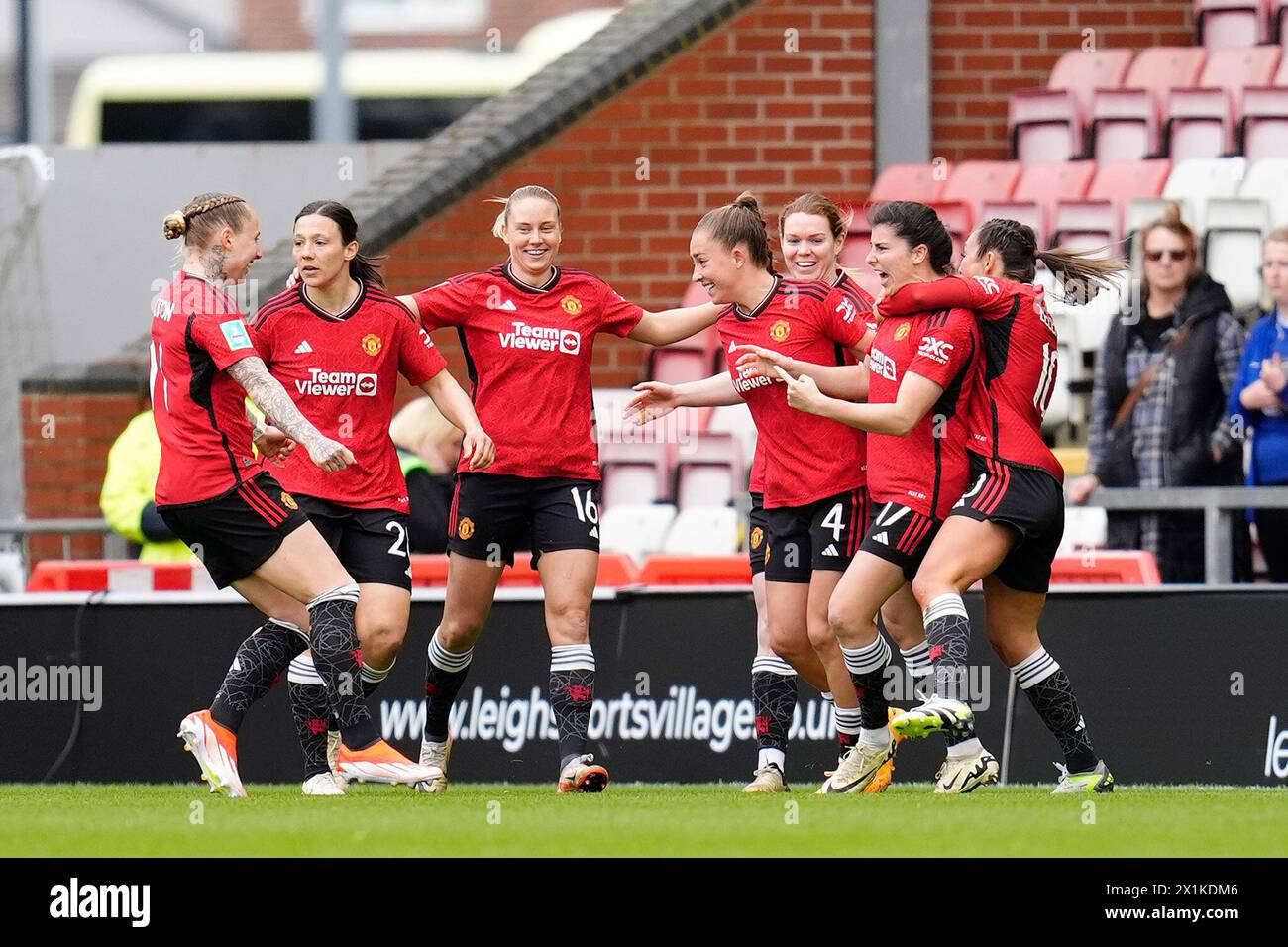 Manchester United's Lucia Garcia (second right) celebrates scoring the opening goal of the game during the Adobe Women's FA Cup semi-final match at Leigh Sports Village. Picture date: Sunday April 14, 2024. Stock Photo