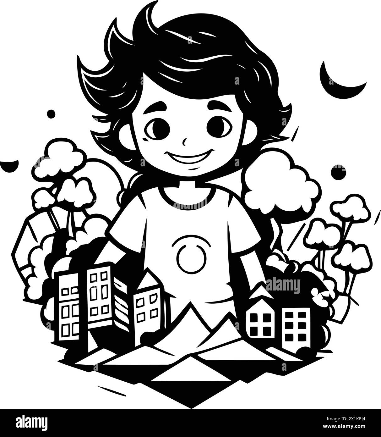 Vector illustration of a boy in a city park with buildings and trees. Stock Vector