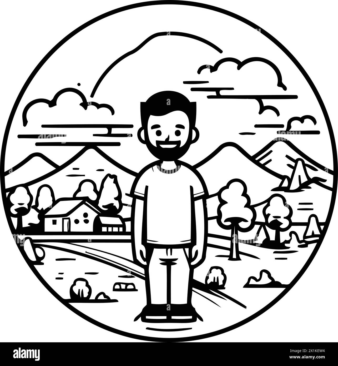 Hipster man in front of mountain landscape. Vector illustration Stock