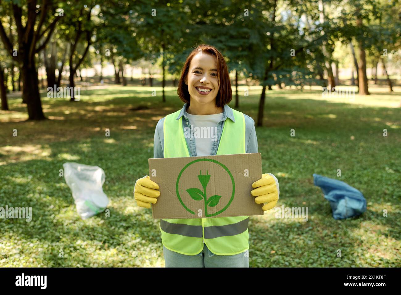 A woman in a green vest holds a cardboard sign, her expression reflective of a plea for help or awareness. Stock Photo