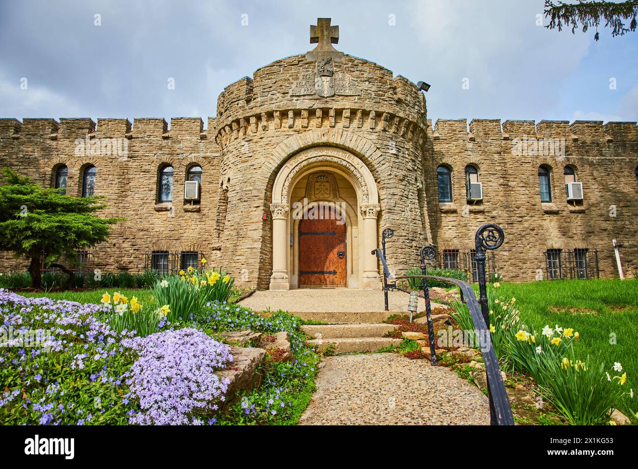 Historic Stone Church with Spring Garden, Cloudy Sky Perspective Stock ...