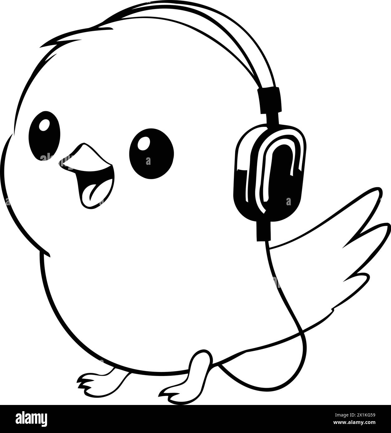 Cute little chicken with headphones. Vector illustration in cartoon