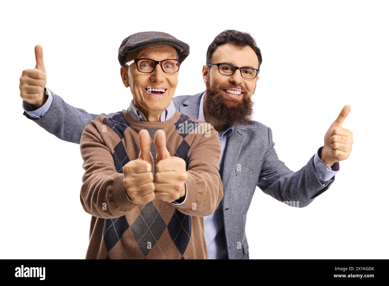 Bearded man standing behind an older man and gesturing thumbs up isolated on white background Stock Photo