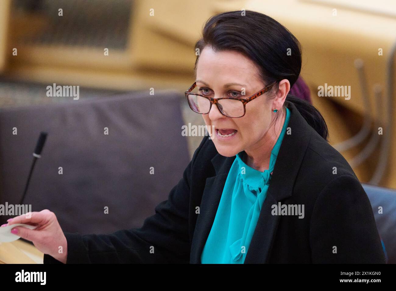 Edinburgh Scotland, UK 17 April 2024. Minister for Victims and Community Safety Siobhian Brown MSP at the Scottish Parliament for the Opposition debate on Repealing the Hate Crime Act. .credit sst/alamy live news Stock Photo