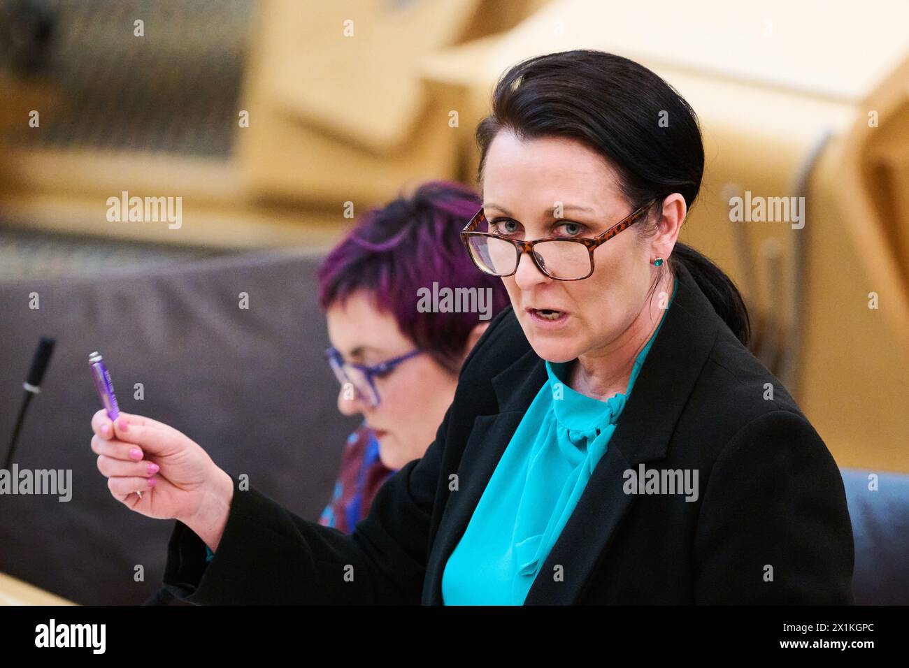 Edinburgh Scotland, UK 17 April 2024. Minister for Victims and Community Safety Siobhian Brown MSP at the Scottish Parliament for the Opposition debate on Repealing the Hate Crime Act. .credit sst/alamy live news Stock Photo