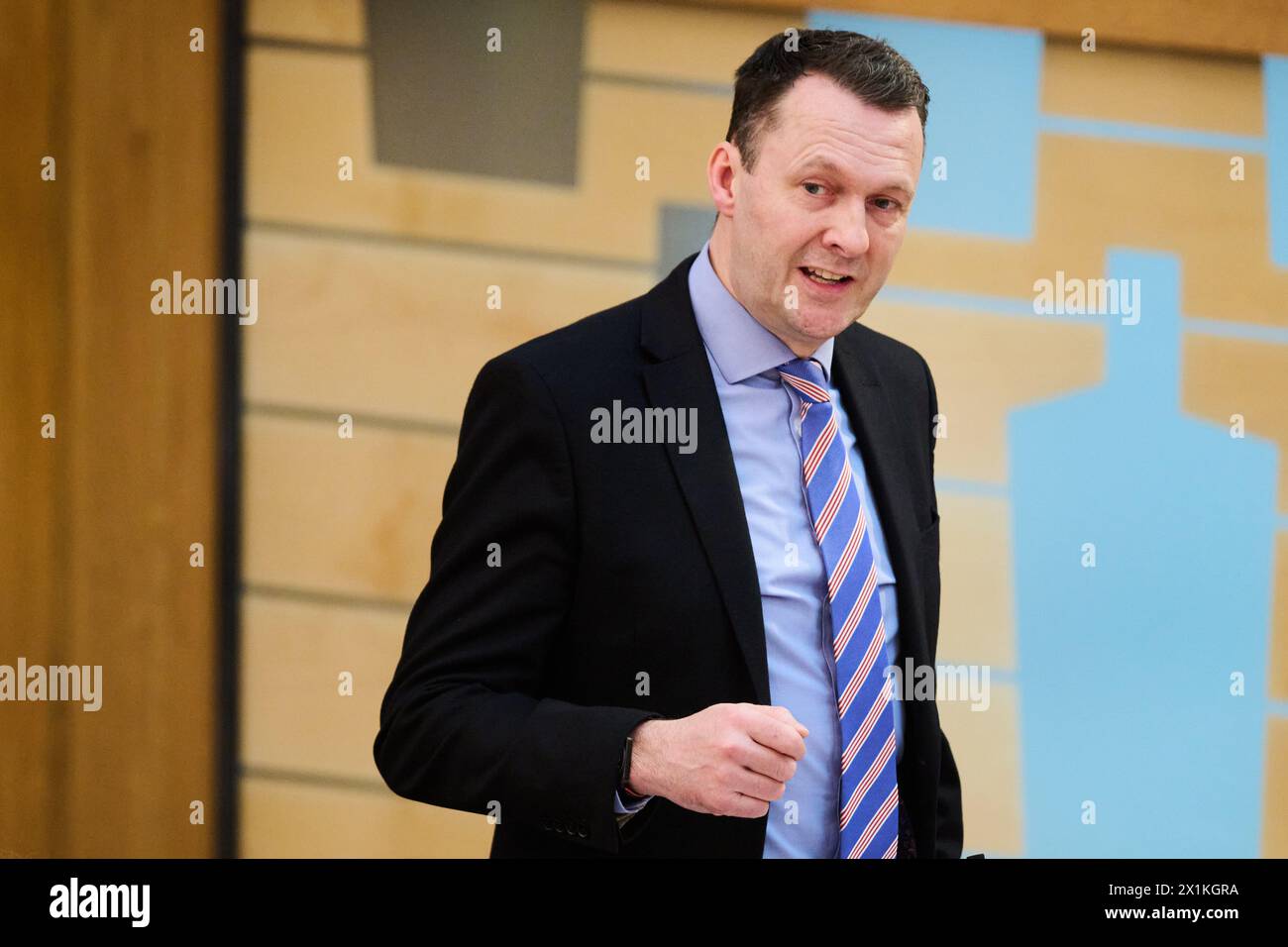 Edinburgh Scotland, UK 17 April 2024. Russell Findlay MSP at the Scottish Parliament for the Opposition debate on Repealing the Hate Crime Act. .credit sst/alamy live news Stock Photo