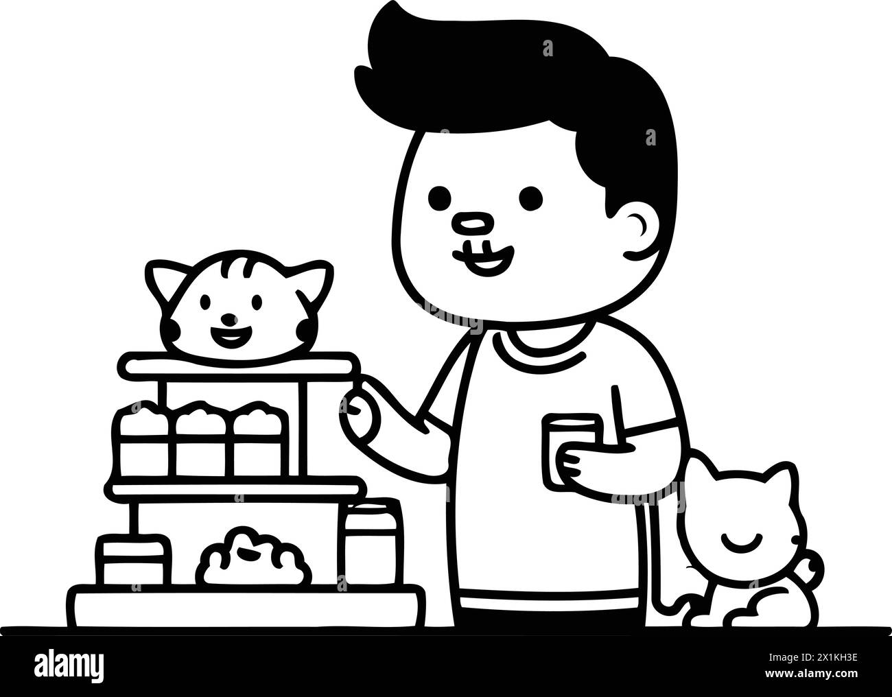 Cute boy with cat and dog in pet shop. Vector illustration Stock Vector