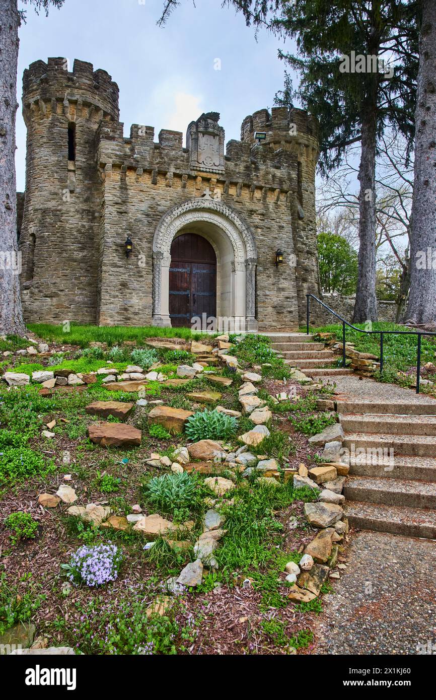 Majestic Castle Entrance with Garden Path, Indiana Stock Photo - Alamy