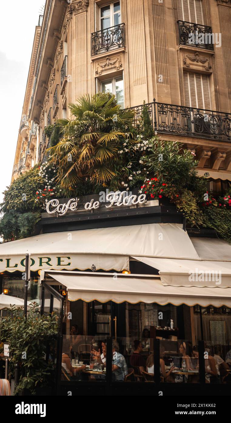 PARIS, FRANCE - OCTOBER 1, 2023: Cafe de Flore with decorated flowers Stock Photo