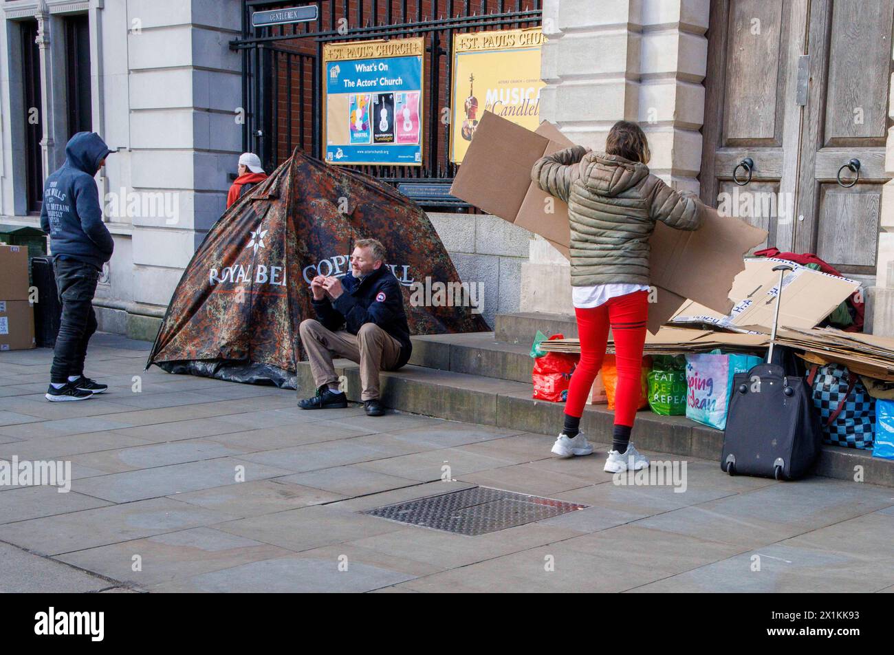 London, UK. 17th Apr, 2024. People living in tents by St Pauls Church