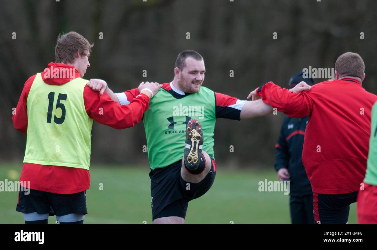 File picture of Ken Owens (middle) during Wales rugby team training session at the Vale Hotel and Resort in Cardiff in March 2013. He has announced his retirement from rugby today at the age if 37. He was Wales' most capped hooker and oldest captain. Stock Photo