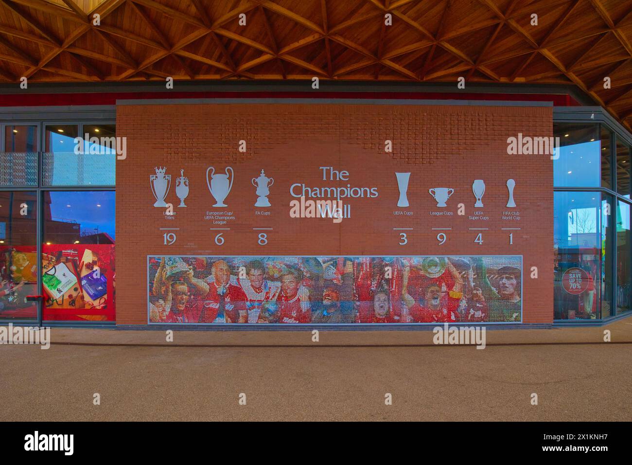 England, Liverpool - December 29, 2023: The Champions Wall at the LFC Store at Anfield. Stock Photo