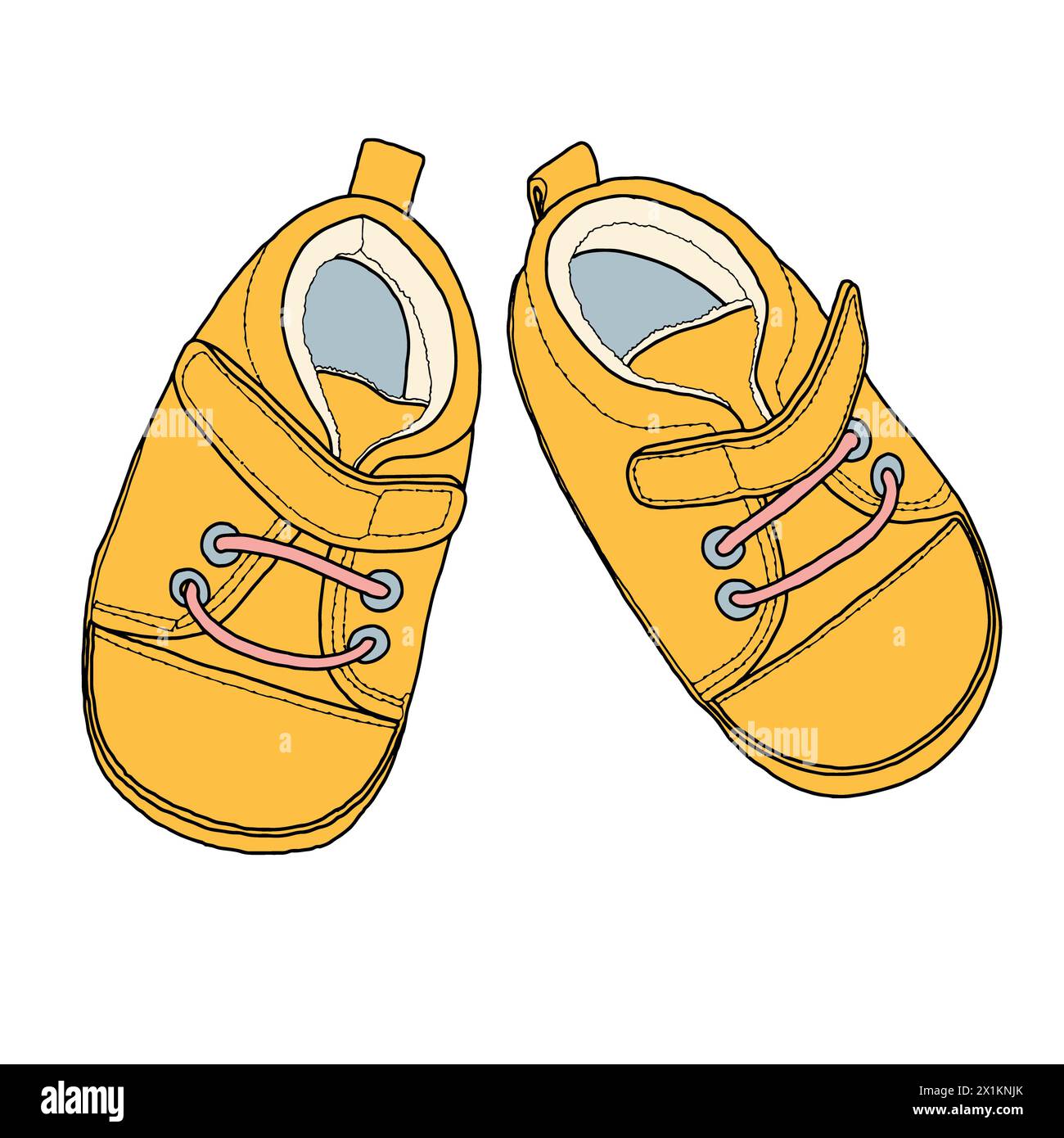 Cute yellow baby shoes - hand-drawn illustration digitally colored on a ...