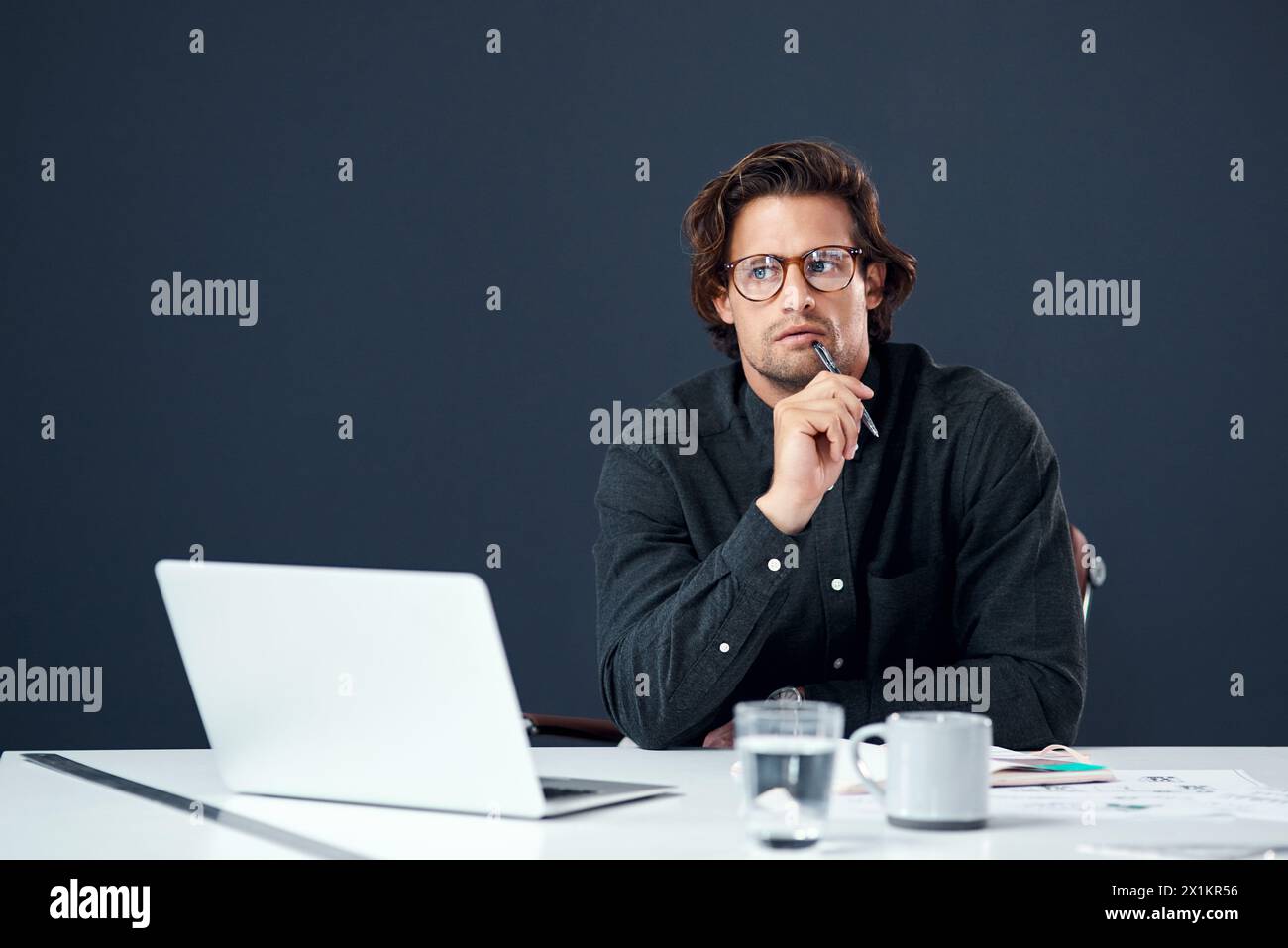 Architecture, thinking and man with laptop, blueprint and insight for ...