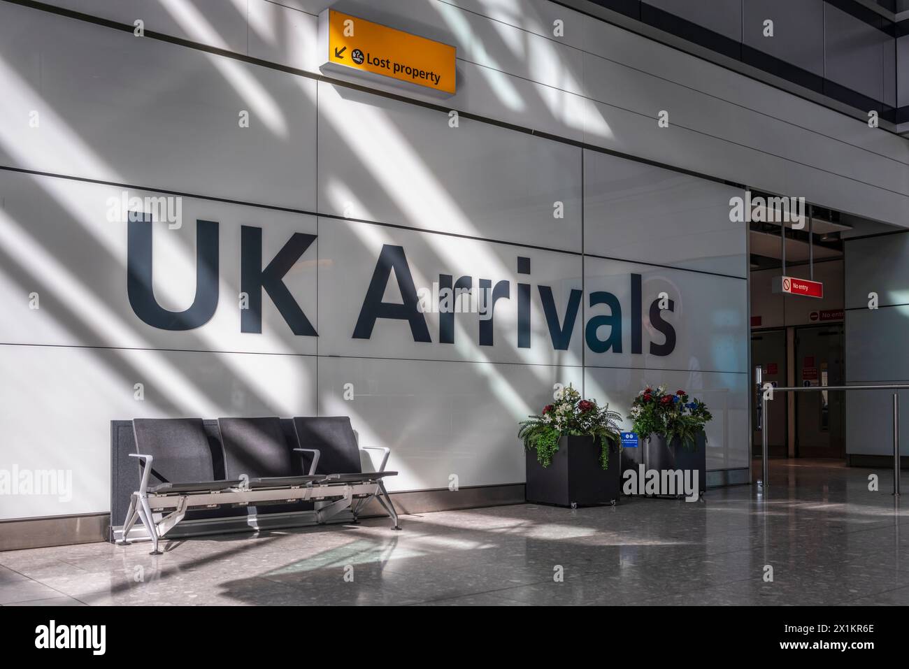 UK Arrivals signage at Heathrow Airport, April 2024, Hillingdon Stock Photo
