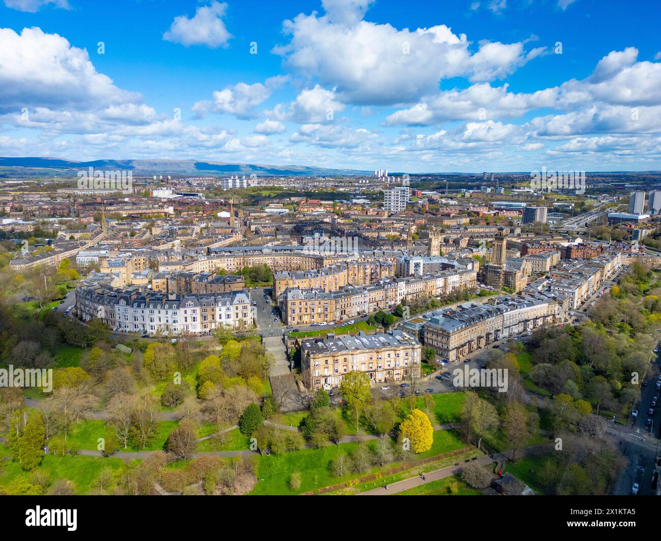 Aerial view of affluent Park District, with Park Terrace and Park Circus in Glasgow West End, Scotland, Uk Stock Photo